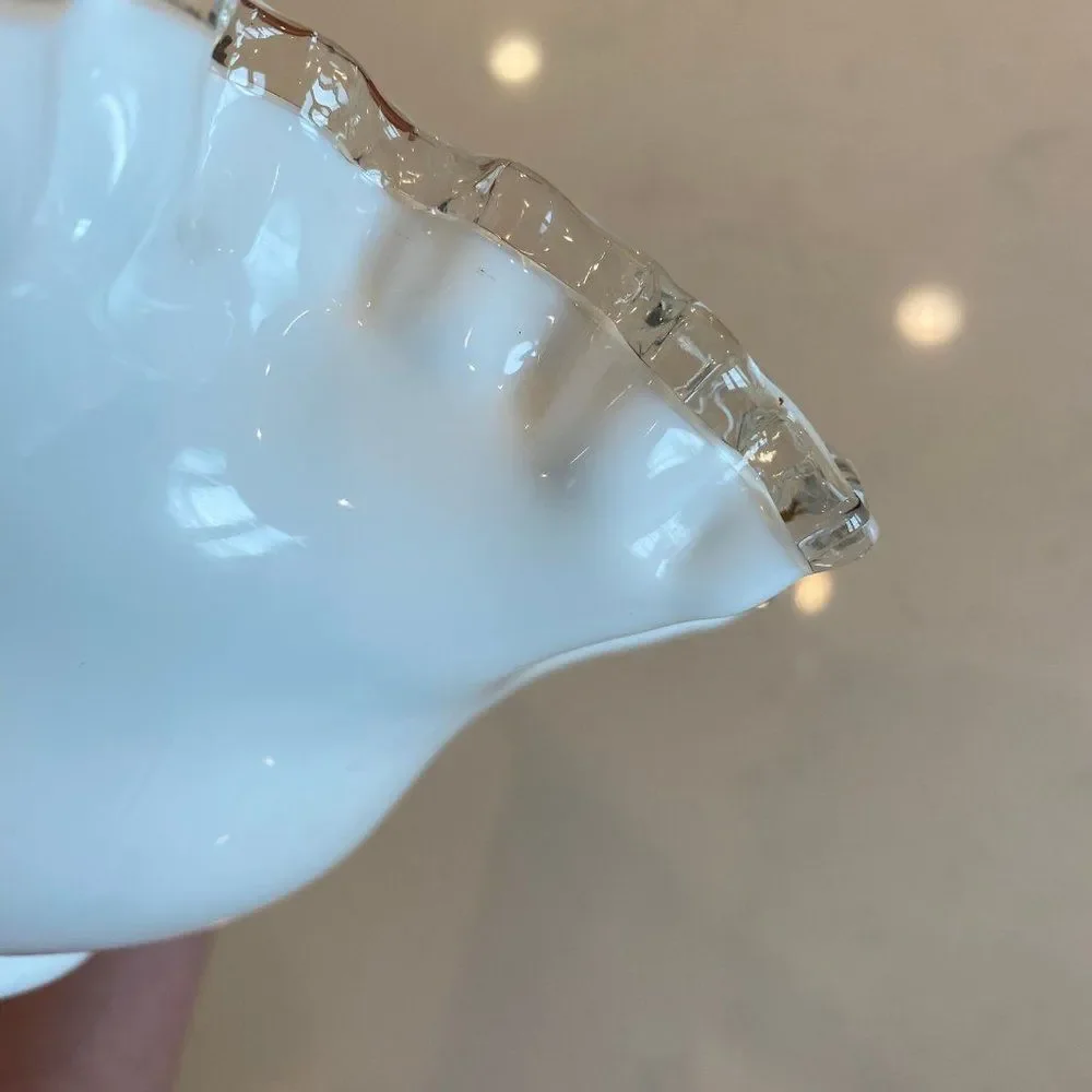 Vintage 1950s Fenton White Milk Glass Bon Bon Dish Silver Crest Double Crimp Rim
